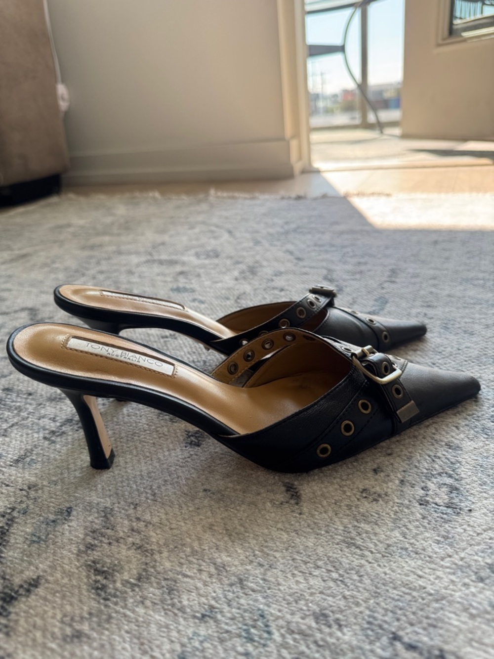 Tony Bianco Black Pointed Slip-On Mules with Gold Eyelet Straps - Picture 3 of 3